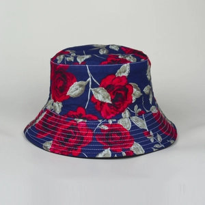 Vintage navy blue bucket hat with red rose print and wide brim for sun protection