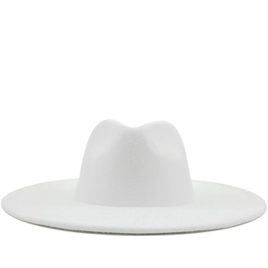 Elegant white wide-brimmed wool fedora hat with classic indented top on white background
