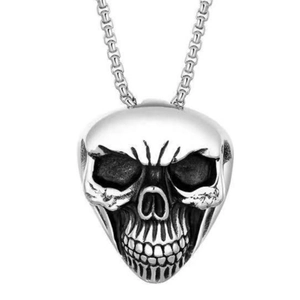 Polished silver stainless steel pirate skull pendant necklace on a box chain