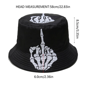 Detailed size chart of a black bucket hat with skull hand print showing dimensions