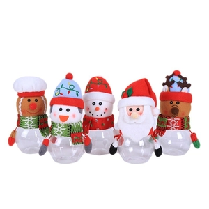 Christmas clear plastic candy jars with Santa, snowman and elk plush tops set of 5