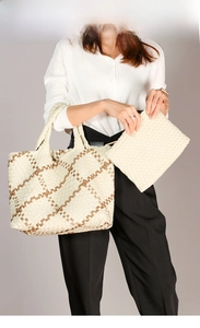 Detailed close-up of woven tote bag set with checkerboard pattern and matching clutch
