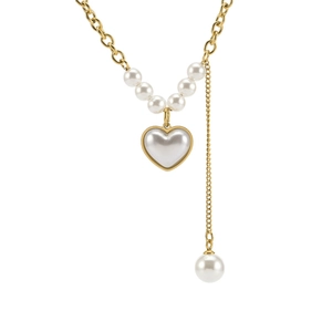 Elegant gold titanium necklace with heart-shaped pearl pendant and chic Y-shaped tassel