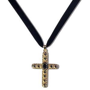 Gothic gold cross necklace with black stones on a black velvet ribbon choker