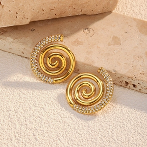Modern 18k gold plated spiral stud earrings with sparkling pave zircon on stone