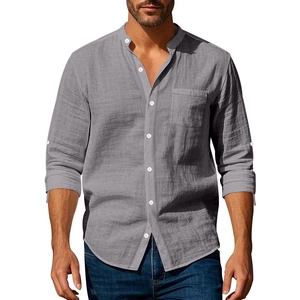 Detailed macro view of the linen blend fabric texture and mandarin collar on grey shirt