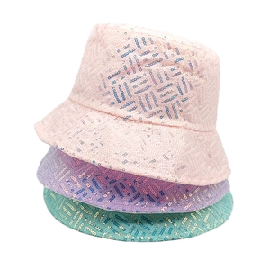 Sequin bucket hats with geometric patterns in pink, purple, and mint green