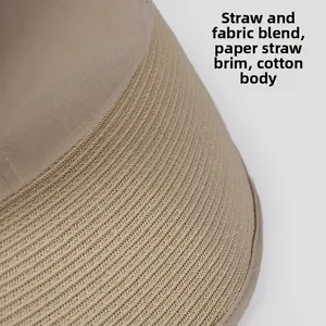 Detail of khaki sun hat showing the refined blend of straw brim and cotton fabric texture