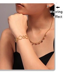 Wearing effect of 18K gold plated threaded ring bracelet with colorful gemstone accents