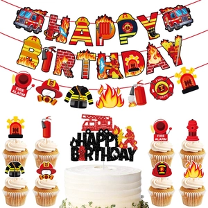 Firefighter birthday party decorations set with red banners and firefighter cake toppers