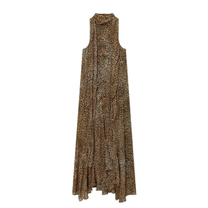 Leopard Print Chiffon Maxi Dress Halter Neck Sleeveless Sexy Backless Long Sundress For Women