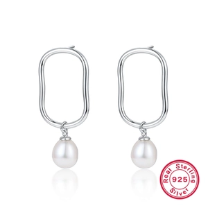 Elegant 925 sterling silver drop earrings with natural white oval pearls and minimalist frames