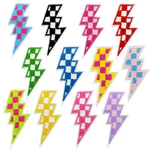 Set of 12 checkered lightning bolt embroidery patches in vibrant assorted colors