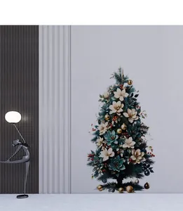 Detailed close-up of creative Christmas tree wall decal with white flowers and gold ornaments