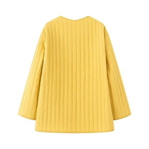 Back view of a yellow quilted jacket with vertical stitching and round neck detail
