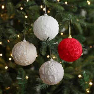 Textured 8cm Christmas foam ball ornaments with lace fabric coating hanging on a tree