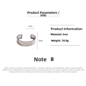 Silver geometric metal open bangle with iron material specs and dimensions detail
