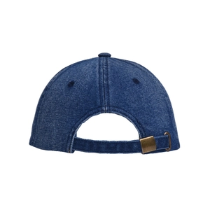 Detail view of the vintage denim baseball cap showing the adjustable metal buckle closure