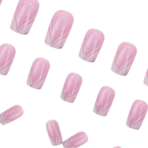 Pink press-on nails with white wavy lines and silver glitter powder in 24-piece set