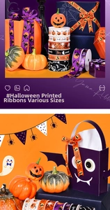 Detail of Halloween ribbons with pumpkin and ghost prints for DIY gift wrapping