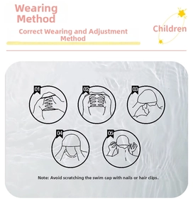 Five-step illustrated guide for putting on this waterproof silicone children's swim cap