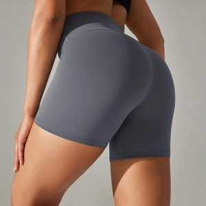 Detail of high waist yoga shorts showing the V-shaped back seam and push-up lifting effect