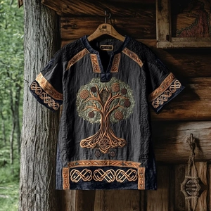 Detail of tree of life embroidery and cotton linen texture on men's retro V-neck shirt