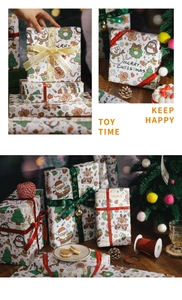 Detail of Christmas wrapping paper featuring Santa, reindeer patterns and festive ribbons
