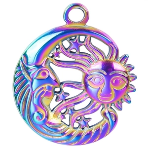 Polished stainless steel celestial pendant featuring sun, moon and star cutouts