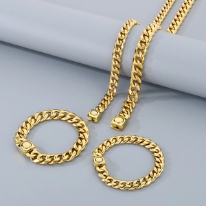 Ensemble de bijoux chaîne cubaine en acier inoxydable doré avec collier et bracelets