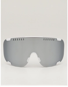 Macro view of silver mirrored ski goggles with white frame and top ventilation vents