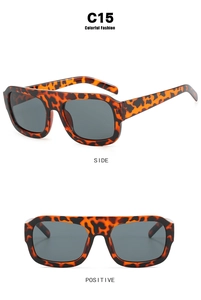 Detailed views of square oversized sunglasses in leopard tortoise frame with gray lenses
