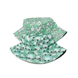 Cute green cartoon frog pattern cotton sun bucket hats for women and students