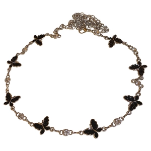 Silver butterfly waist chain with black oil-drip pendants and clear crystal diamonds