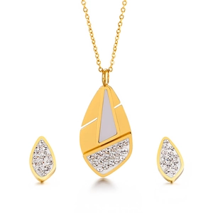 Elegant Women Jewelry Stainless Steel White Shell Teardrop Pendant Necklace And Stud Earrings Rhinestone Trendy