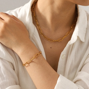 Hammered Texture Paperclip Chain Necklace Gold Plated Stainless Steel Geometric Link Jewelry For Women