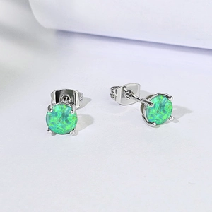 6mm green opal stud earrings with silver 4-claw settings and iridescent round stones