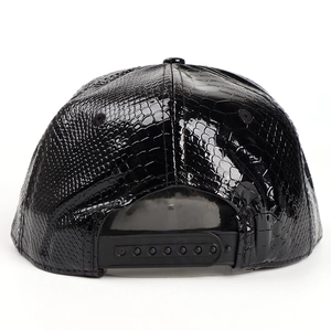 Black faux crocodile leather snapback baseball hat with glossy finish and street style