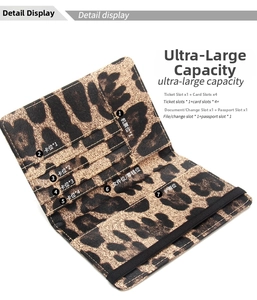 Internal layout of leopard print RFID passport holder with slots for cards and tickets
