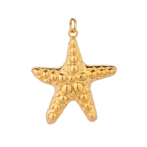 Detailed view of a gold starfish pendant with textured surface and top hanging loop