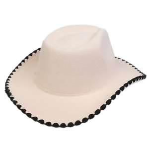 Close-up of cream wool felt cowboy hat featuring unique black scalloped wave edge trim