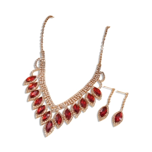 Elegant gold jewelry set with ruby marquise stones and drop tassels necklace earrings