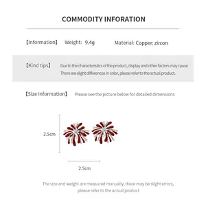 Detailed size chart for red zircon flower earrings showing dimensions and weight specifications