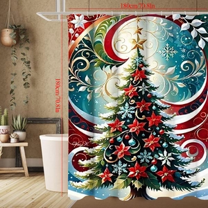 Détail du rideau de douche Noël 3D avec motifs festifs rouge et vert, dimensions 180x180cm