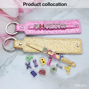 DIY sequin 8mm metal keychain with pink glitter leather strap and rhinestone letters