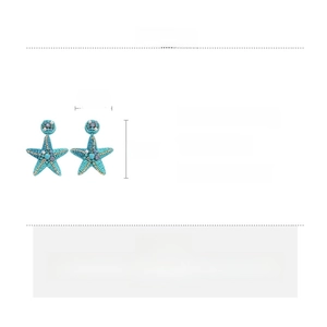 Detailed view of turquoise starfish earrings with copper glass beads and dimension specs