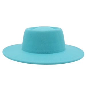 Detailed front view of a wide-brimmed cyan wool felt boater hat with a flat crown