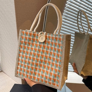 Linen Jute Woven Handbag Tote Bag Women Contrast Color Plaid Pattern Wood Button Zipper Closure Vintage Casual Gift Bag