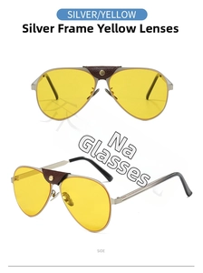 Detailansicht der Flieger-Sonnenbrille mit Silberrahmen, gelben Gläsern und Ledersteg
