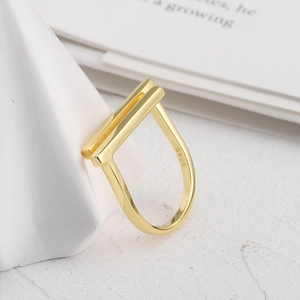 Minimalist S925 silver geometric T-shape double bar open ring in gold finish